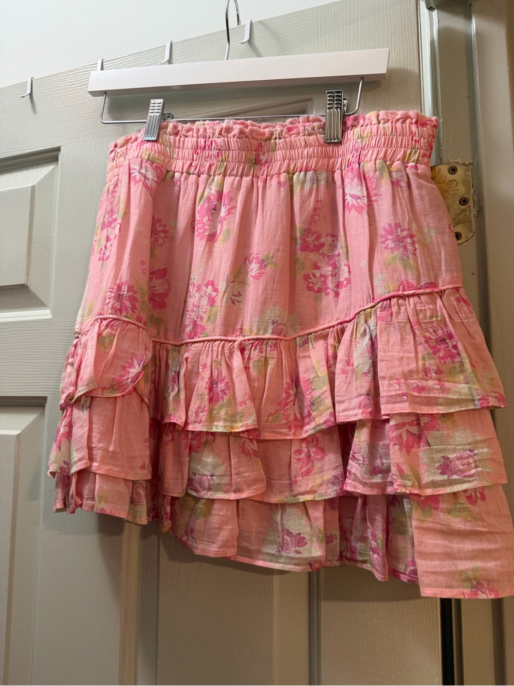 LoveShackFancy Pink Floral Tiered Mini Skirt